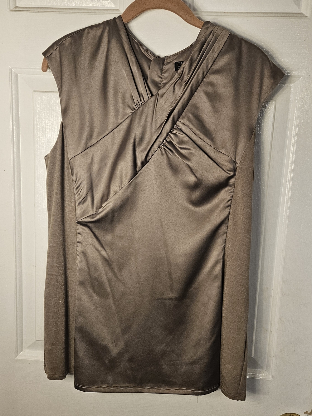 G.I.L.I. Satin-Front Cap Sleeve Top in Taupe